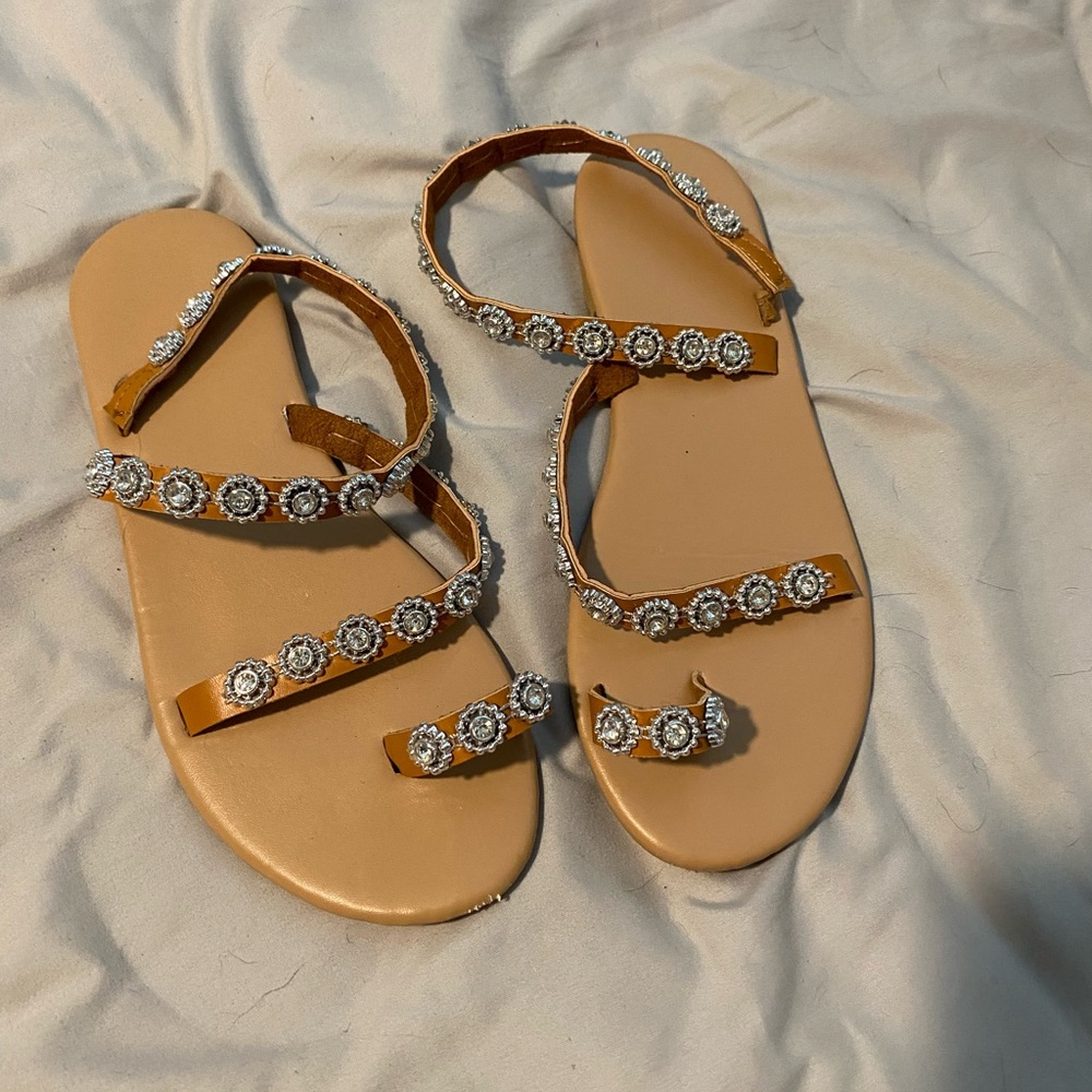 Tan Sandals with Crystal Embellishments Size 8.5